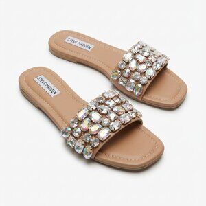 Steve Madden Crystal Rhinestone Slide Sandals – Nude Beige Embellished Flat